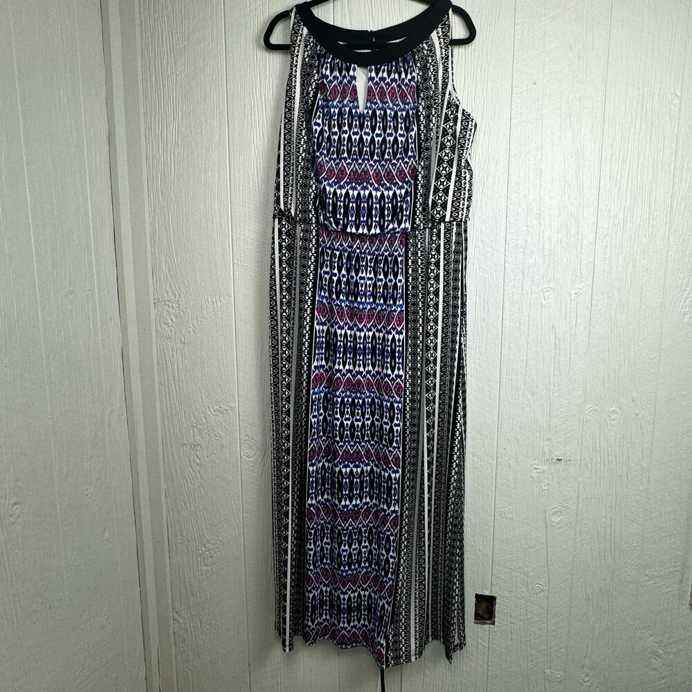 London Times Plus Black Blue Pink Abstract Jersey Stretch Maxi Dress Sz18W Artsy - Picture 3 of 13